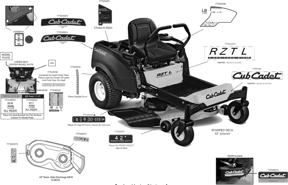Label Map Diagram and Parts List for RZT-L42KH (17CRCACS009)(2017) Cub Cadet Lawn Tractor